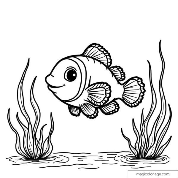 Smiling clownfish with algae on the seabed