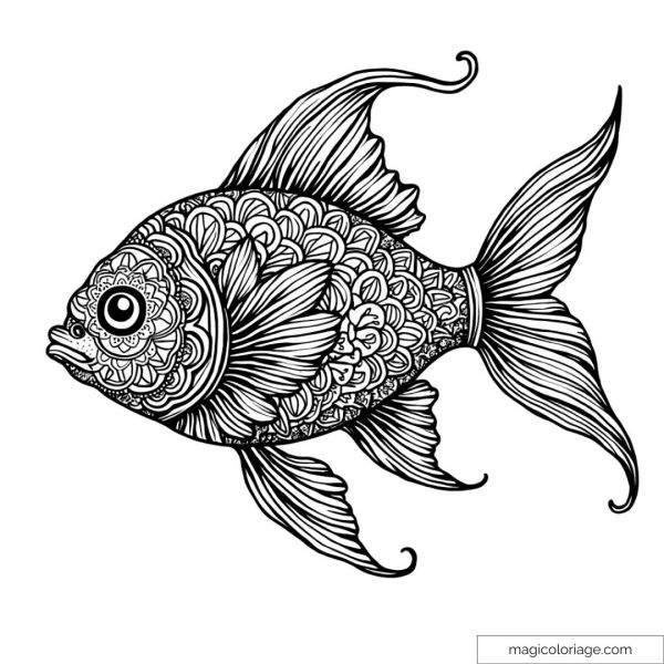Intricately patterned fish to color for relaxation and creativity.