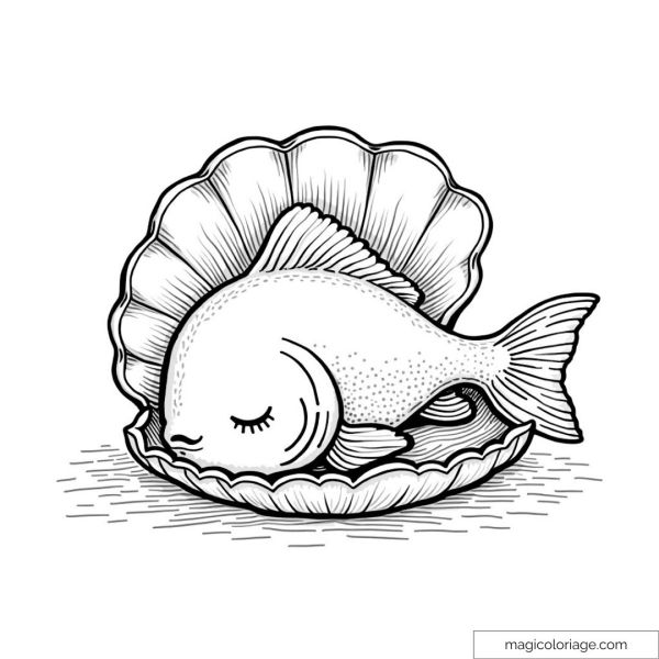 Drawing of a sleeping fish in a shell