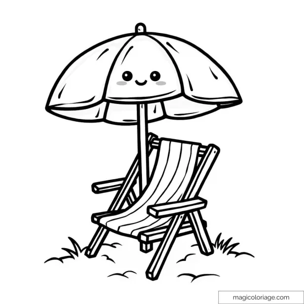 Dessin kawaii de chaise longue et parasol à colorier