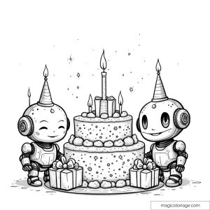 Deux robots souriants avec chapeaux fêtant un anniversaire devant un gâteau et des cadeaux.