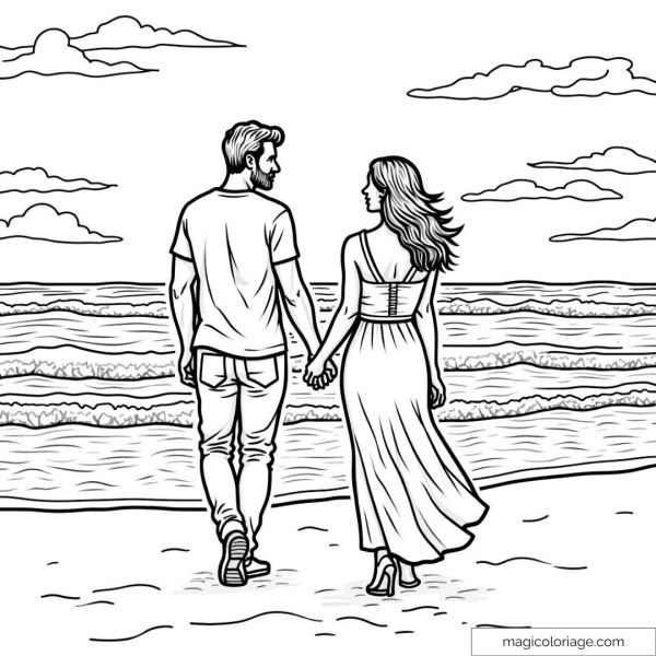 Dessin en noir et blanc d'un couple se promenant sur une plage au coucher de soleil.
