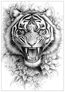 Coloriage de tête de tigre féroce entourée de fleurs.