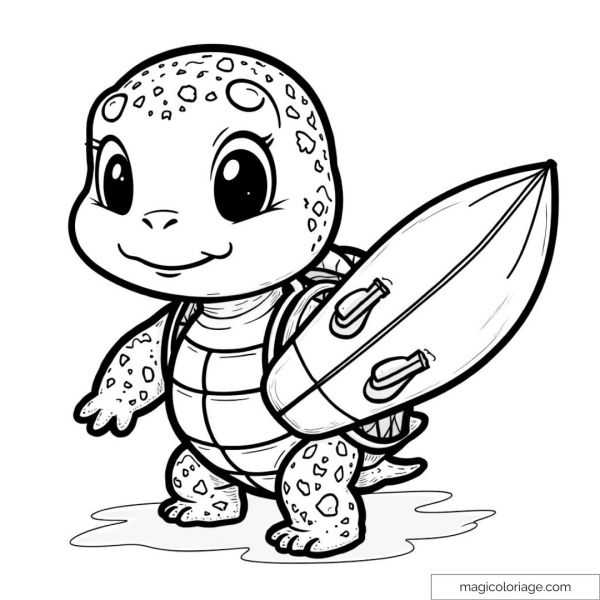 Dessin de tortue avec planche de surf pour enfants à colorier.
