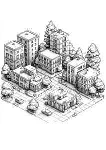 Dessin en noir et blanc de bâtiments urbains et voitures.