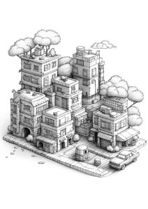 Dessin de bâtiments urbains avec voitures et arbres