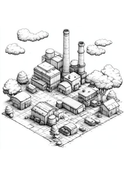 Usine industrielle avec cheminées entourée d'arbres et nuages à colorier.