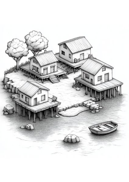 Village côtier avec maisons sur pilotis et bateau amarré.