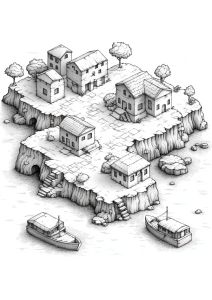 Dessin de village côtier avec maisons et bateaux