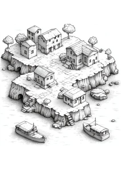Dessin de village côtier avec maisons et bateaux