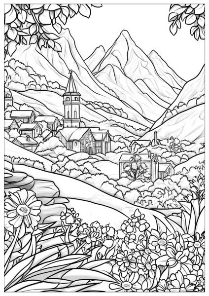 Alpine landscape coloring page with village and mountains