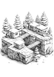 Village avec maisons en cubes et ponts en forêt à colorier.