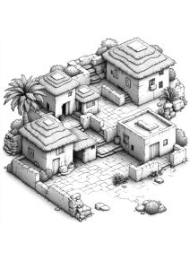 Image d'un village méditerranéen avec maisons rustiques et végétation.
