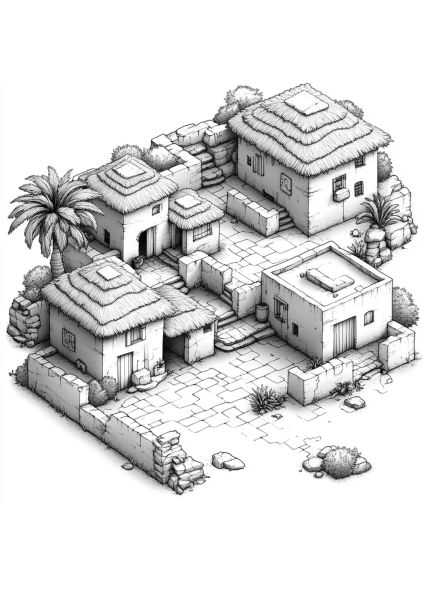 Image d'un village méditerranéen avec maisons rustiques et végétation.