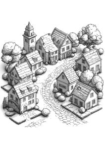 Dessin de village champêtre avec cottages