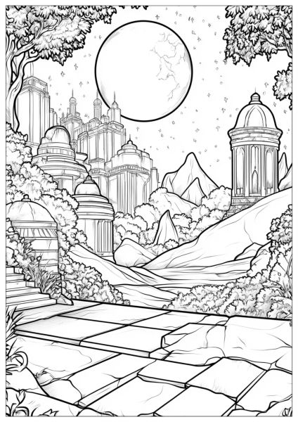 Fantasy city drawing under the moon with architecture and landscape
