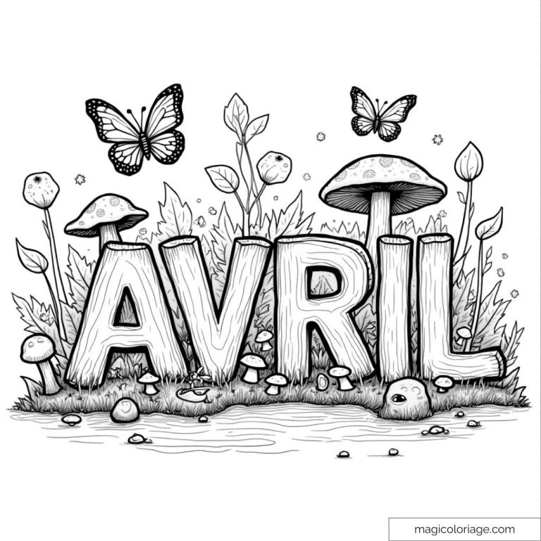Spring A Colorier Coloring page: Spring scene with butterflies and April