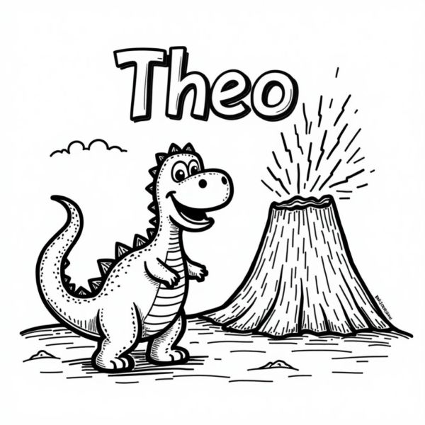 Coloring Theo with a dinosaur and a volcano