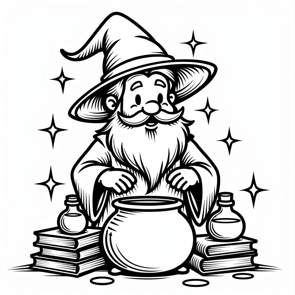 Wizard Using Magic Coloring Page Wizard coloring page with cauldron and magic potions - Magicoloriage