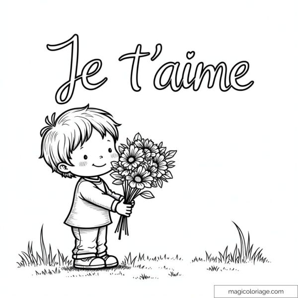 Little boy holding a bouquet of flowers with text I love you.