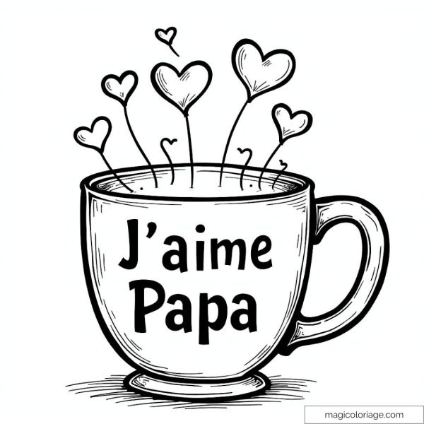 "I Love Dad" mug with rising hearts. Father's Day coloring page.