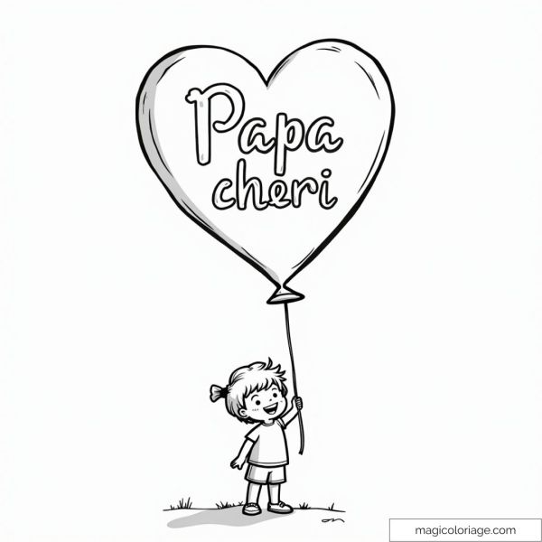 Drawing of a heart balloon with the text "Dearest Dad" held by a child
