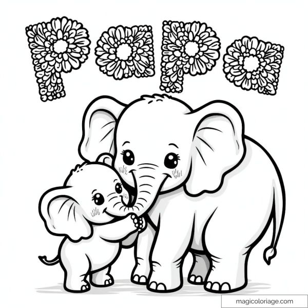Two cute elephants with the word "Dad" in flowers