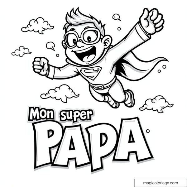 Smiling super dad in hero costume flying in the sky with clouds.