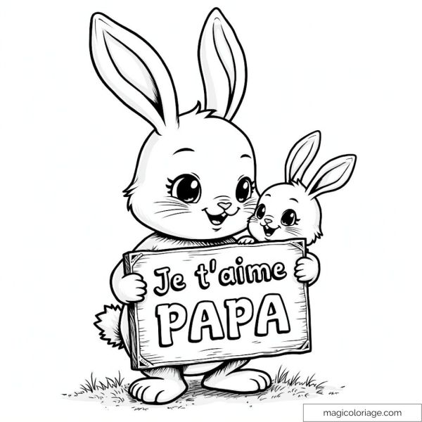 Two cute bunnies holding an "I love you Dad" sign for Father's Day.