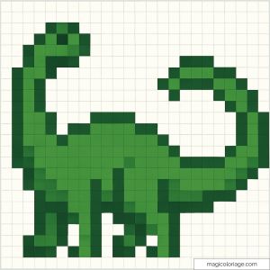 Dessin pixel art d'un dinosaure vert sur fond blanc.