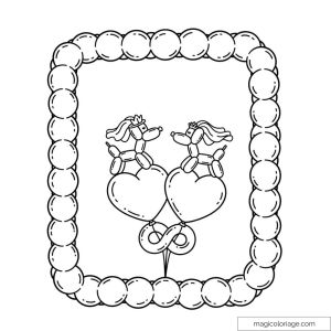 Image d'un dessin à colorier de ballons en forme de chiens et cœur.