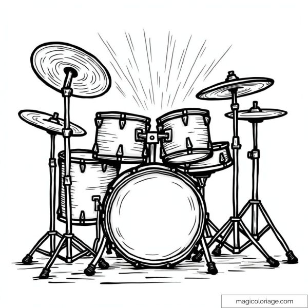 Drawing of a musical drum kit with drums and cymbals.
