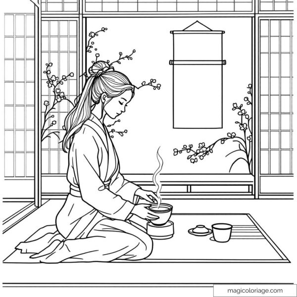 Woman in kimono preparing traditional Japanese tea ceremony