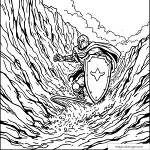 Chevalier en armure surfant sur une pente rocheuse.