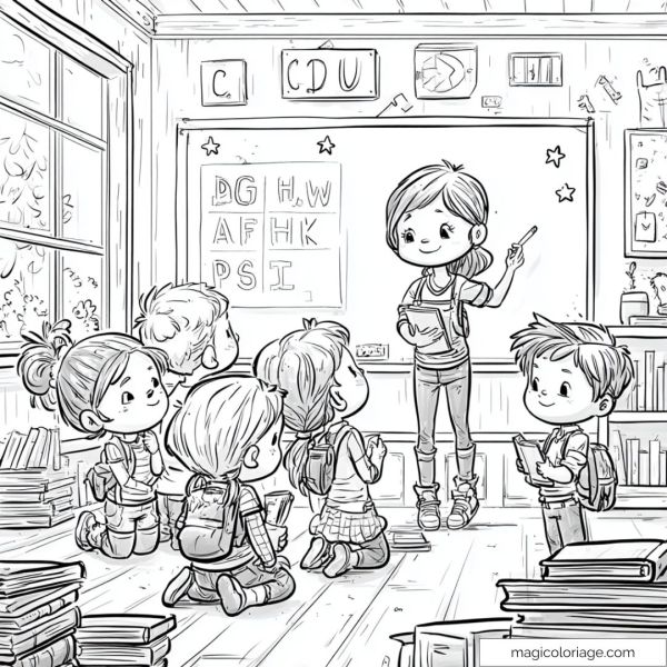 Children's drawing and teacher in class