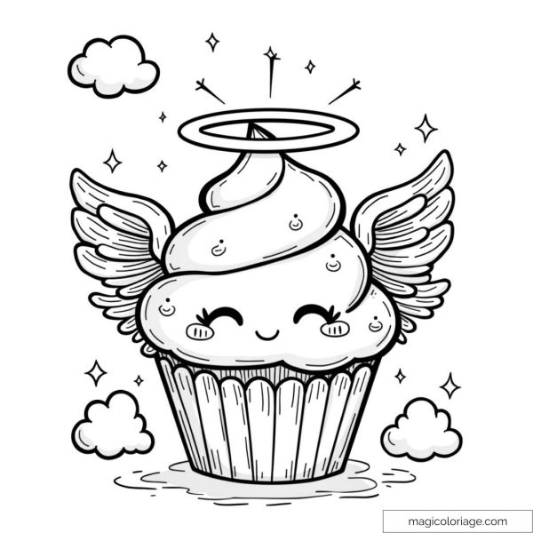Cute cupcake drawing with wings and halo to color