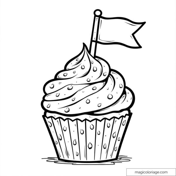 Coloring cupcake with cream and flag