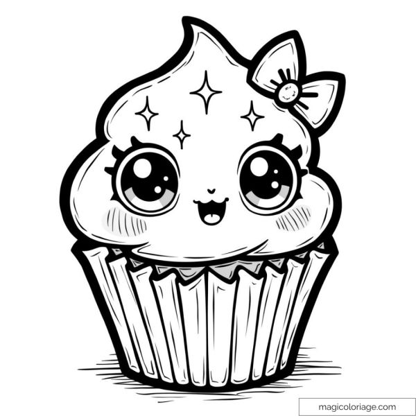 Image of a happy kawaii cupcake with ribbon and big shiny eyes.