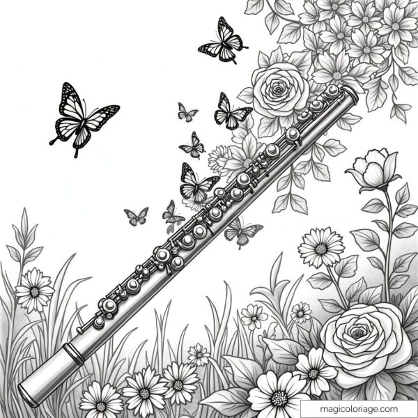 Drawing of a flute surrounded by flowers and butterflies. Ideal for relaxation and creativity.