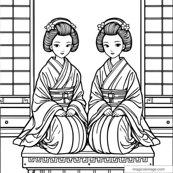 Two geishas sitting in kimono in front of a traditional Japanese setting.