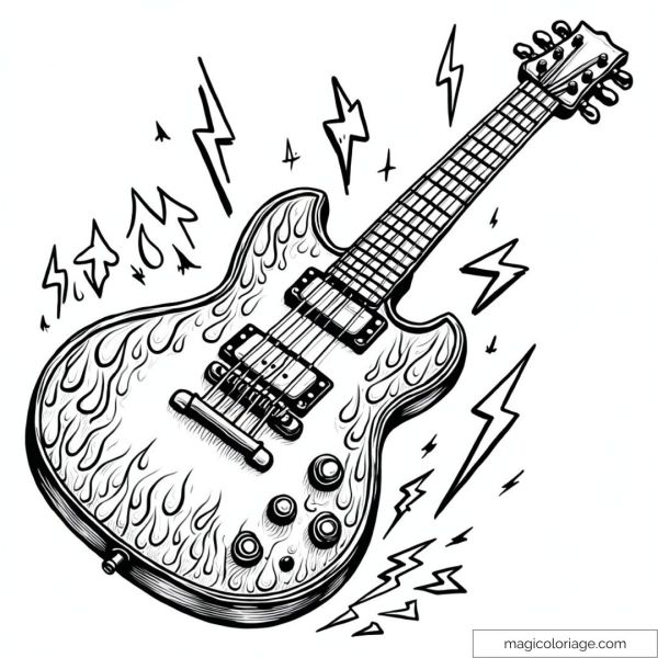 Electric guitar drawing with flames and lightning to color.