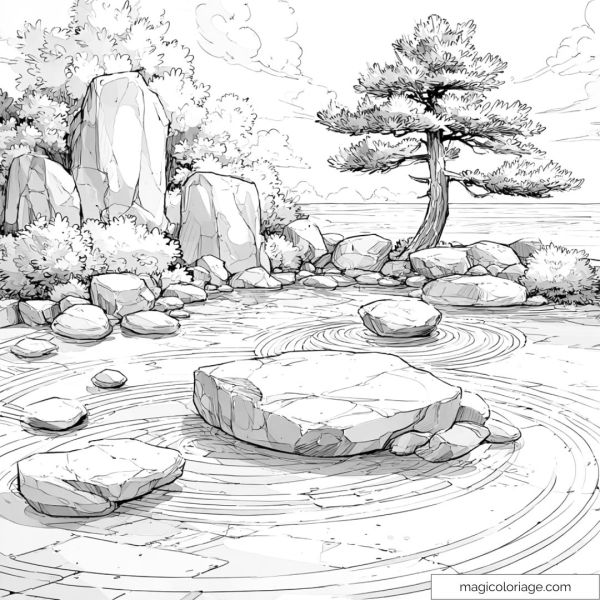 Zen garden drawing with rocks and tree