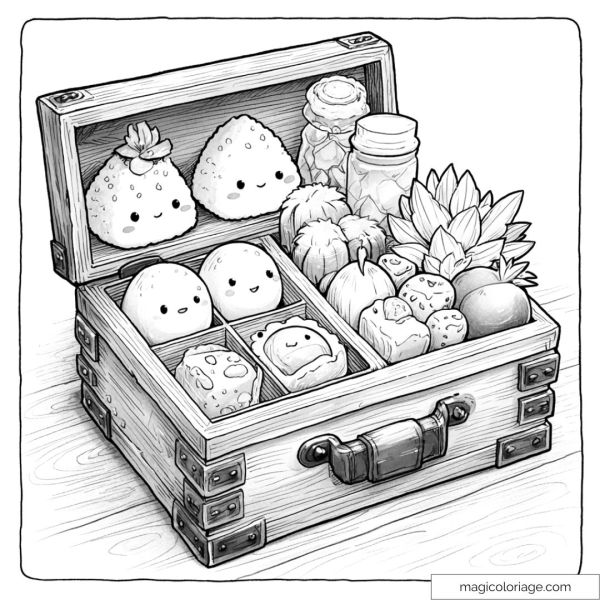 Kawaii food coloring page in a wooden box with adorable details.