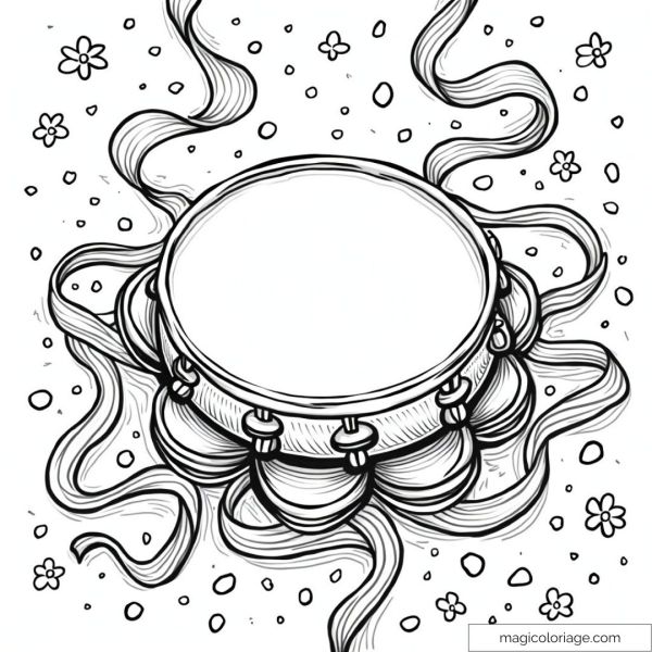 Drawing of a drum decorated with ribbons and floral patterns to color.
