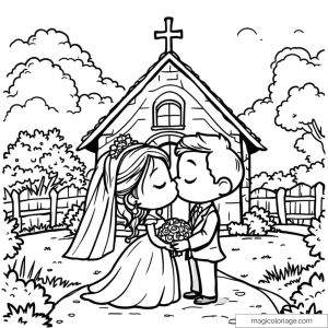 Dessin de mariage chibi à colorier avec chapelle et couple mignon.