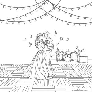 Dessin couple dansant sous guirlandes avec groupe de musique en arrière-plan