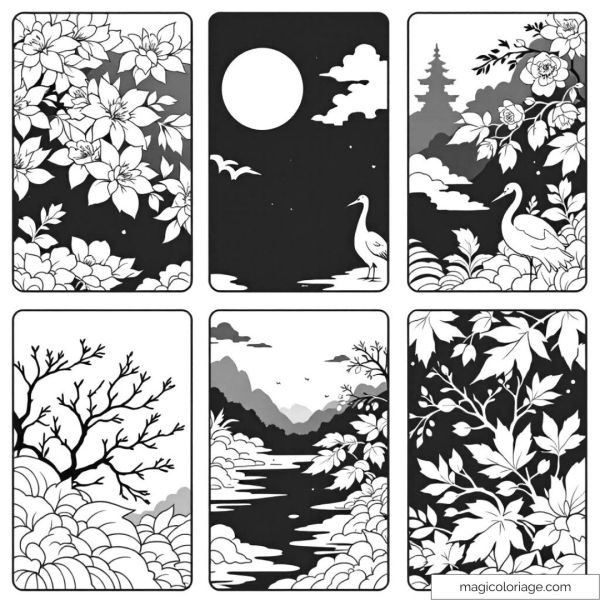 Asian crane and flowers coloring page