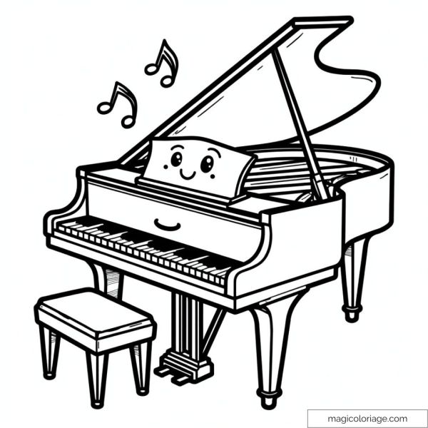 Animated piano with smiling face and musical notes. Fun coloring activity for kids.