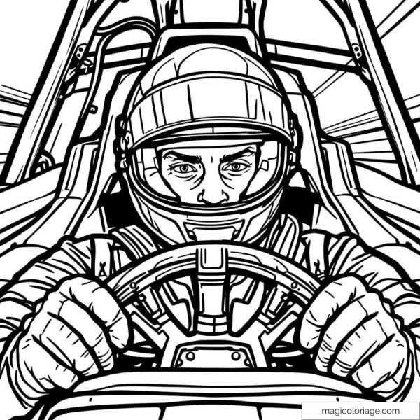 Pilote de course concentré dans une voiture en action.