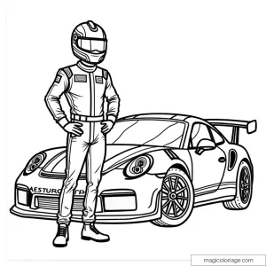 pilote de course en combinaison devant sa voiture sportive
